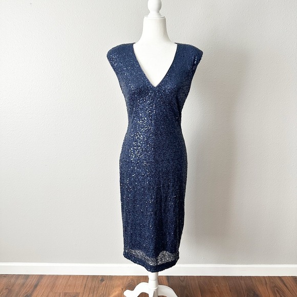 Eliza J. Navy Blue Sequin V Neck Fitted Sheath Midi Dress Women's Size 10 NEW